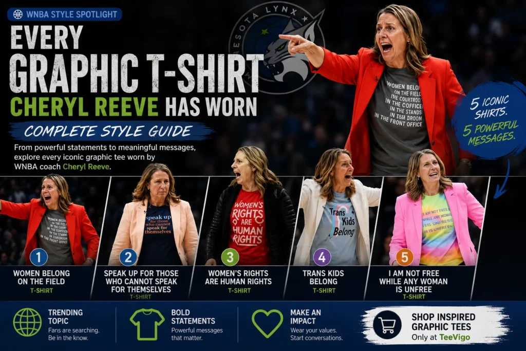 Cheryl Reeve wearing graphic T-shirt during WNBA game