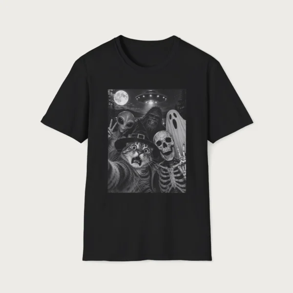 Halloween Cat Selfie With Skeleton Alien Bigfoot Ghost UFO Shirt