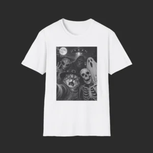 Halloween Cat Selfie With Skeleton Alien Bigfoot Ghost UFO Tee